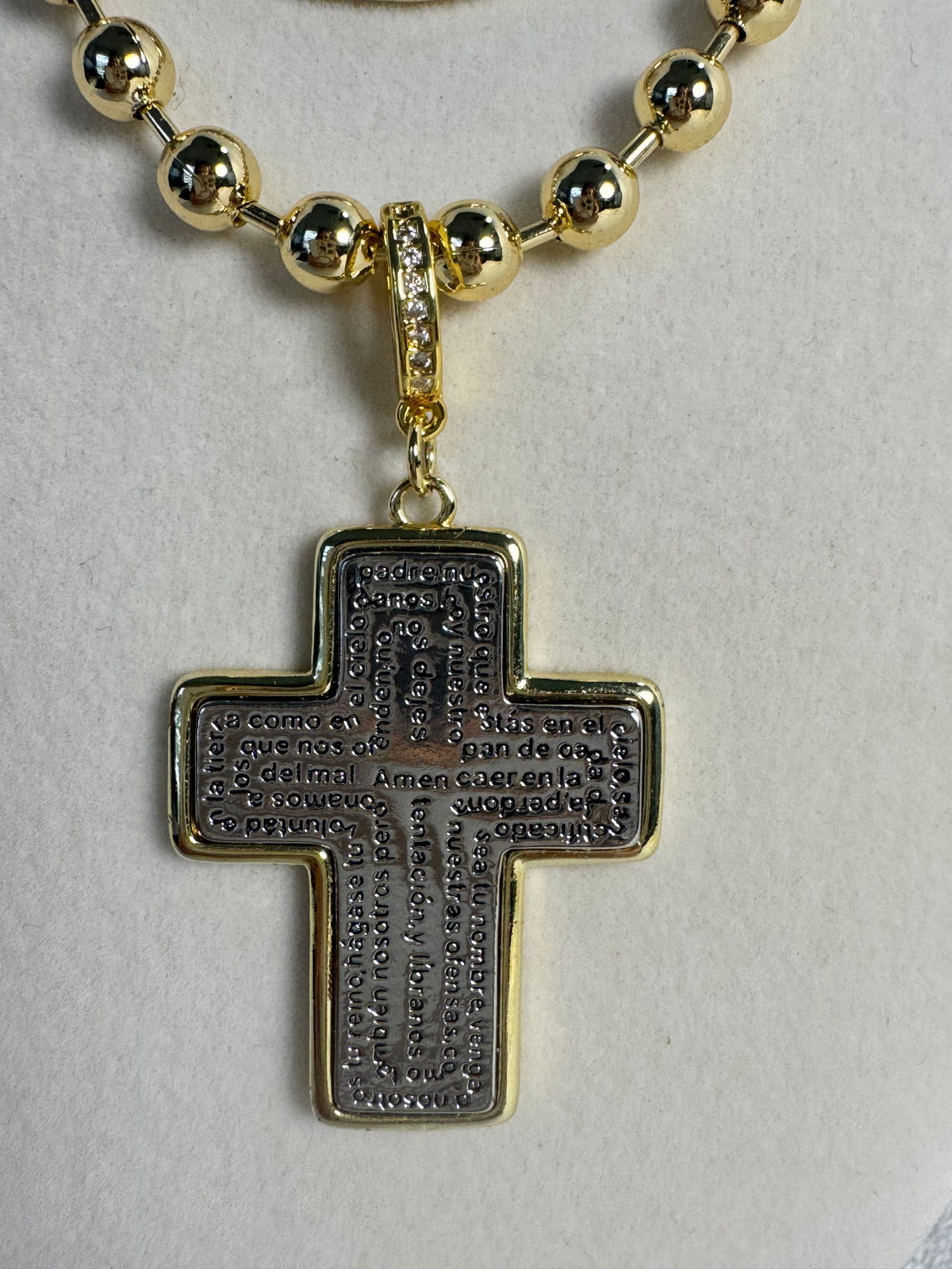 Lord’s Prayer two-tone necklace with 6mm gold beaded chain, Padre Nuestro medallion and cross charms