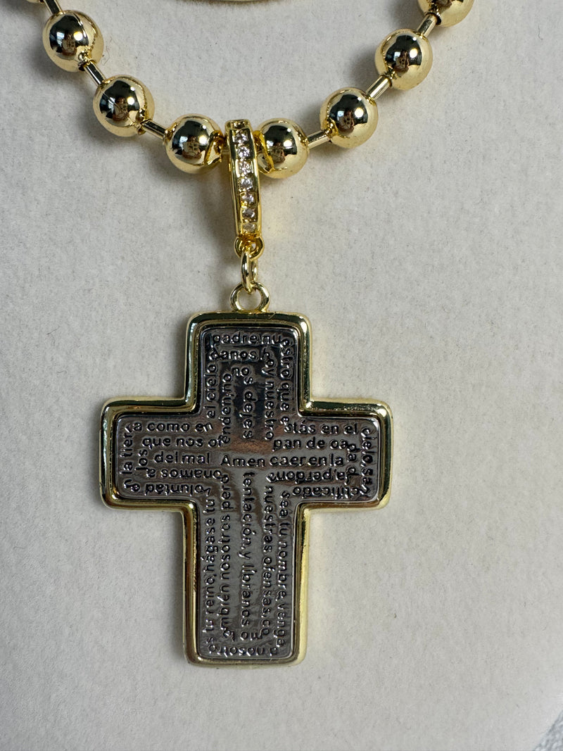 Lord’s Prayer two-tone necklace with 6mm gold beaded chain, Padre Nuestro medallion and cross charms