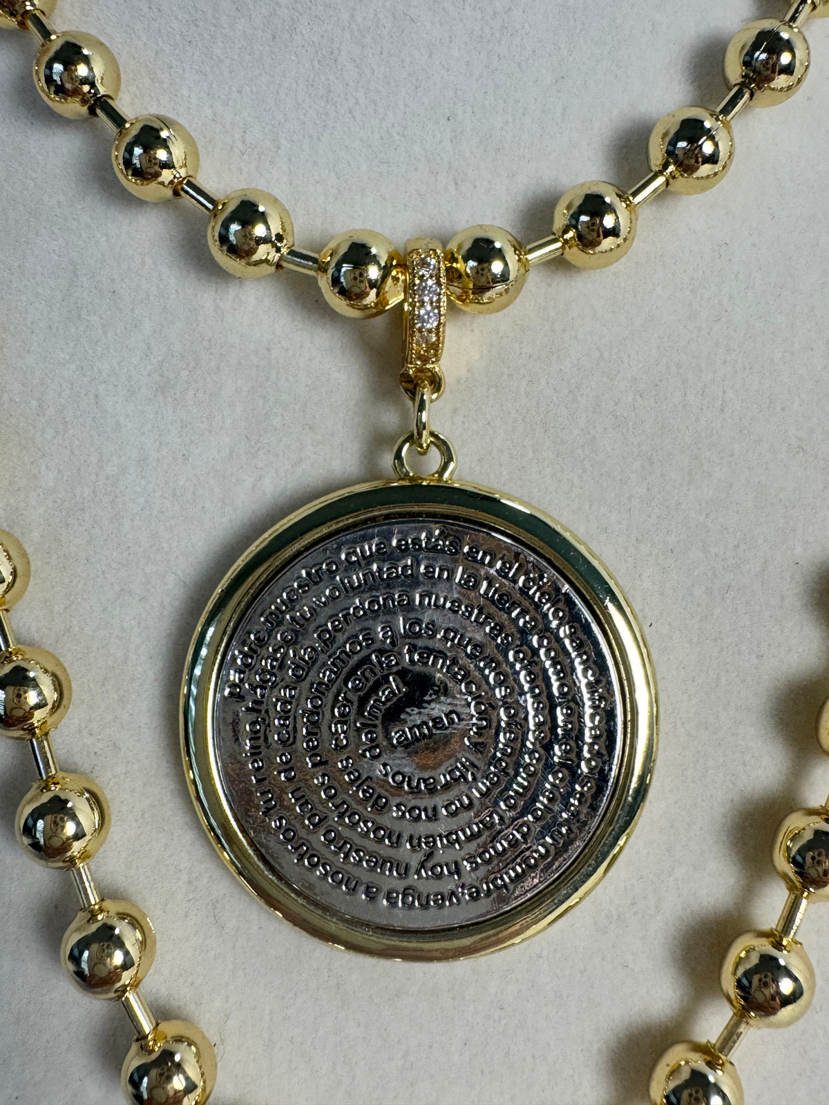 Lord’s Prayer two-tone necklace with 6mm gold beaded chain, Padre Nuestro medallion and cross charms