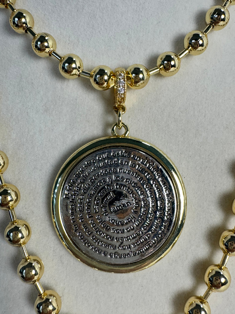 Lord’s Prayer two-tone necklace with 6mm gold beaded chain, Padre Nuestro medallion and cross charms