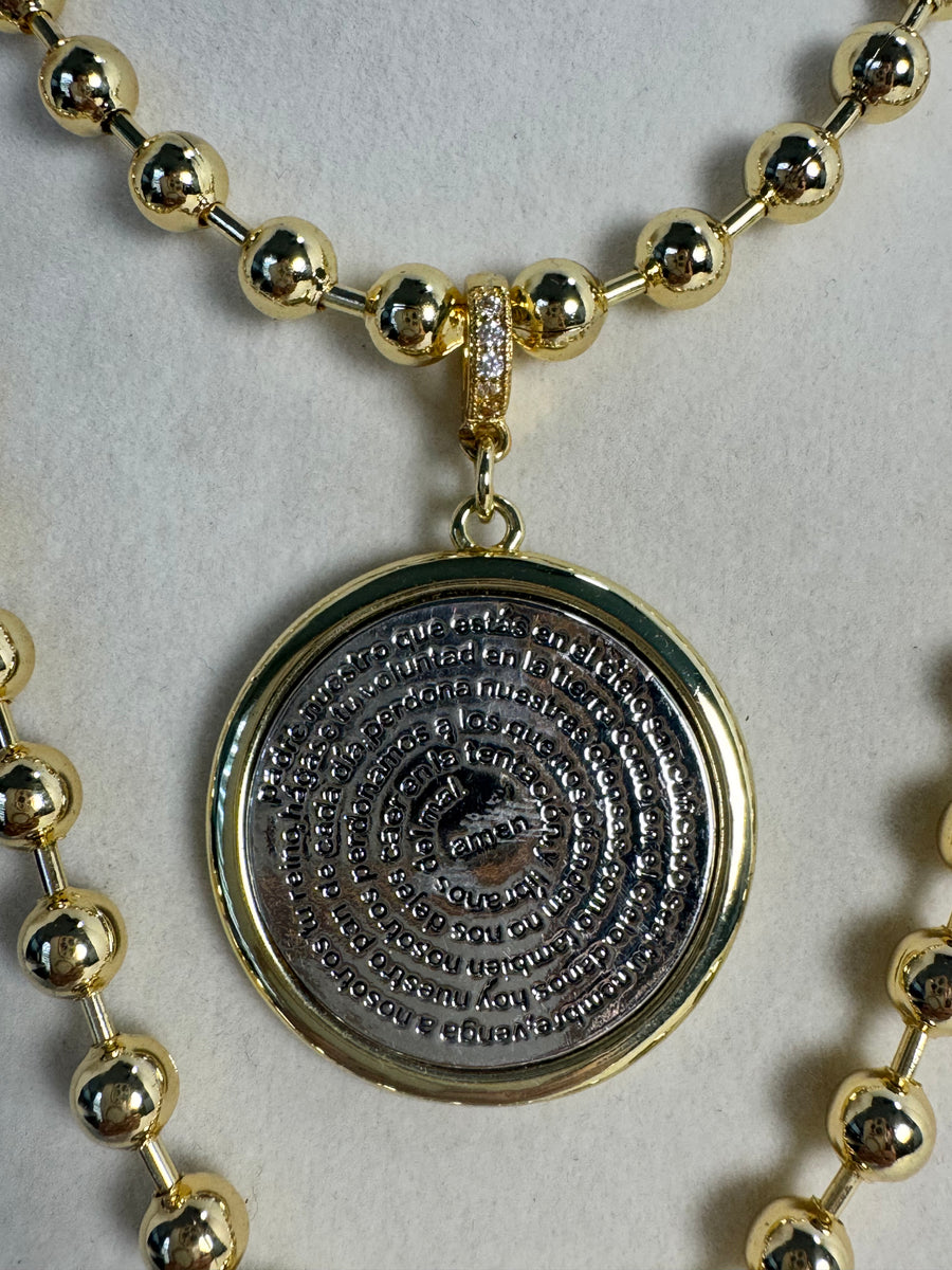 Lord’s Prayer two-tone necklace with 6mm gold beaded chain, Padre Nuestro medallion and cross charms