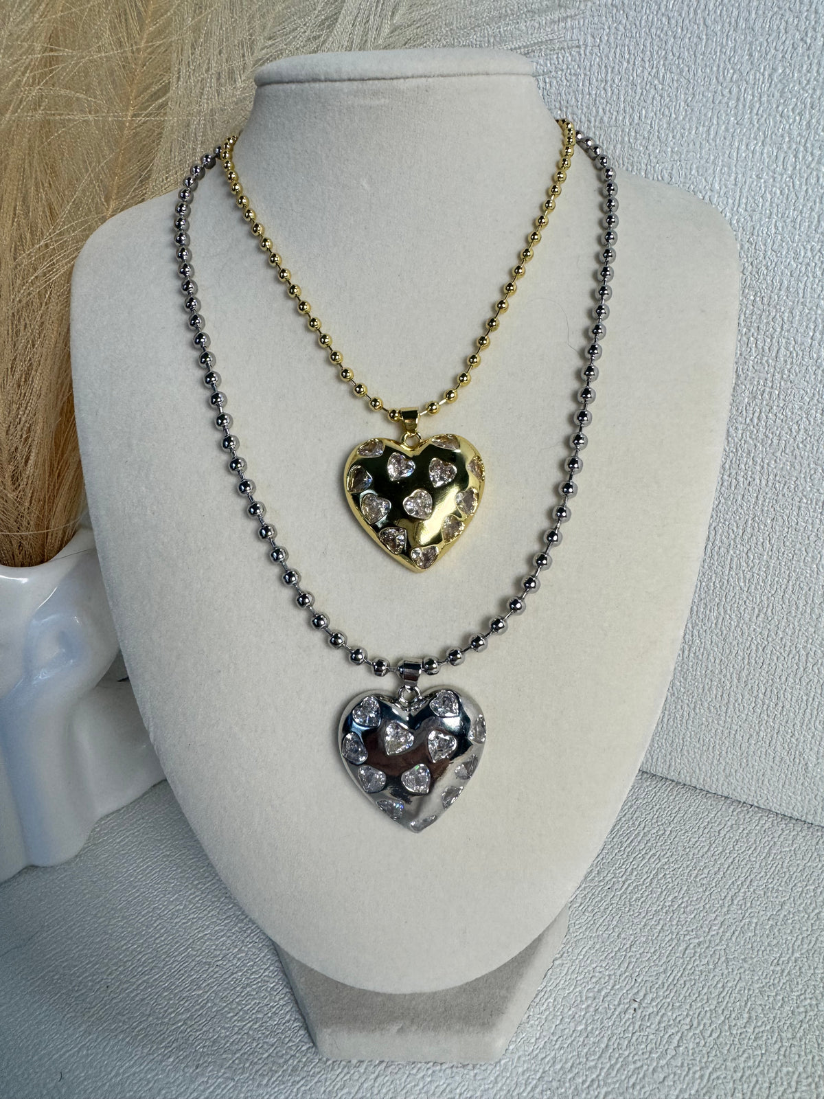 CZ Heart Pendant Necklace – 3mm Beaded Chain | 18K Gold Plated