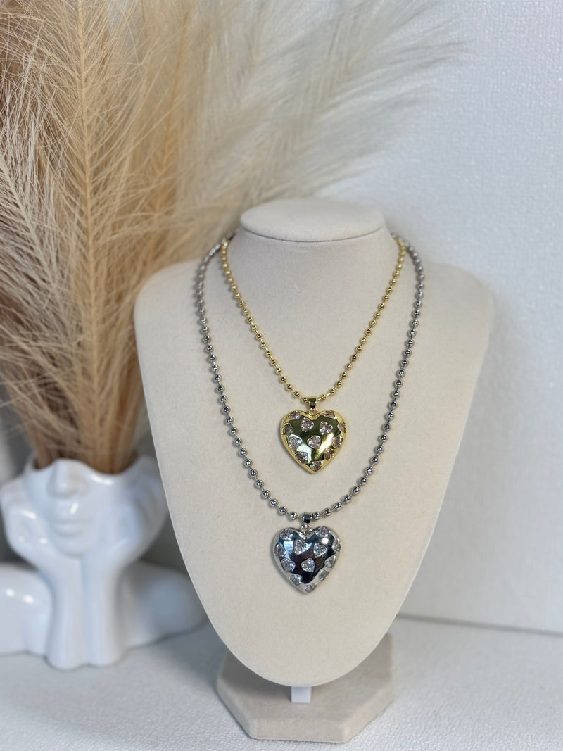 Gold 18K gold plated heart pendant necklace with heart-shaped cubic zirconia stones and 3mm beaded chain