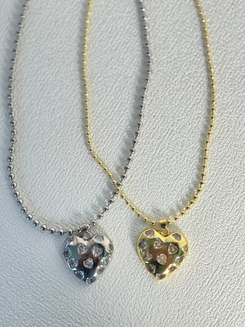 CZ Heart Pendant Necklace – 3mm Beaded Chain | 18K Gold Plated
