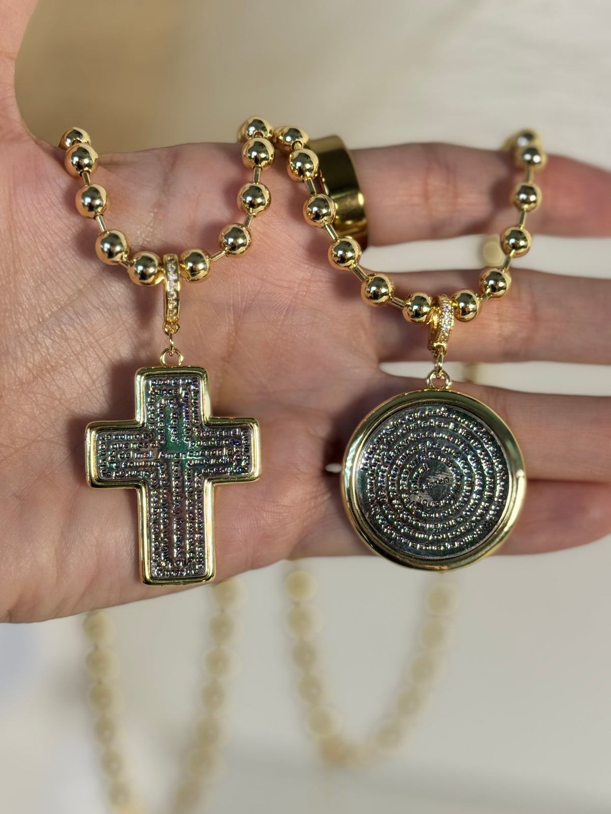 Lord’s Prayer two-tone necklace with 6mm gold beaded chain, Padre Nuestro medallion and cross charms