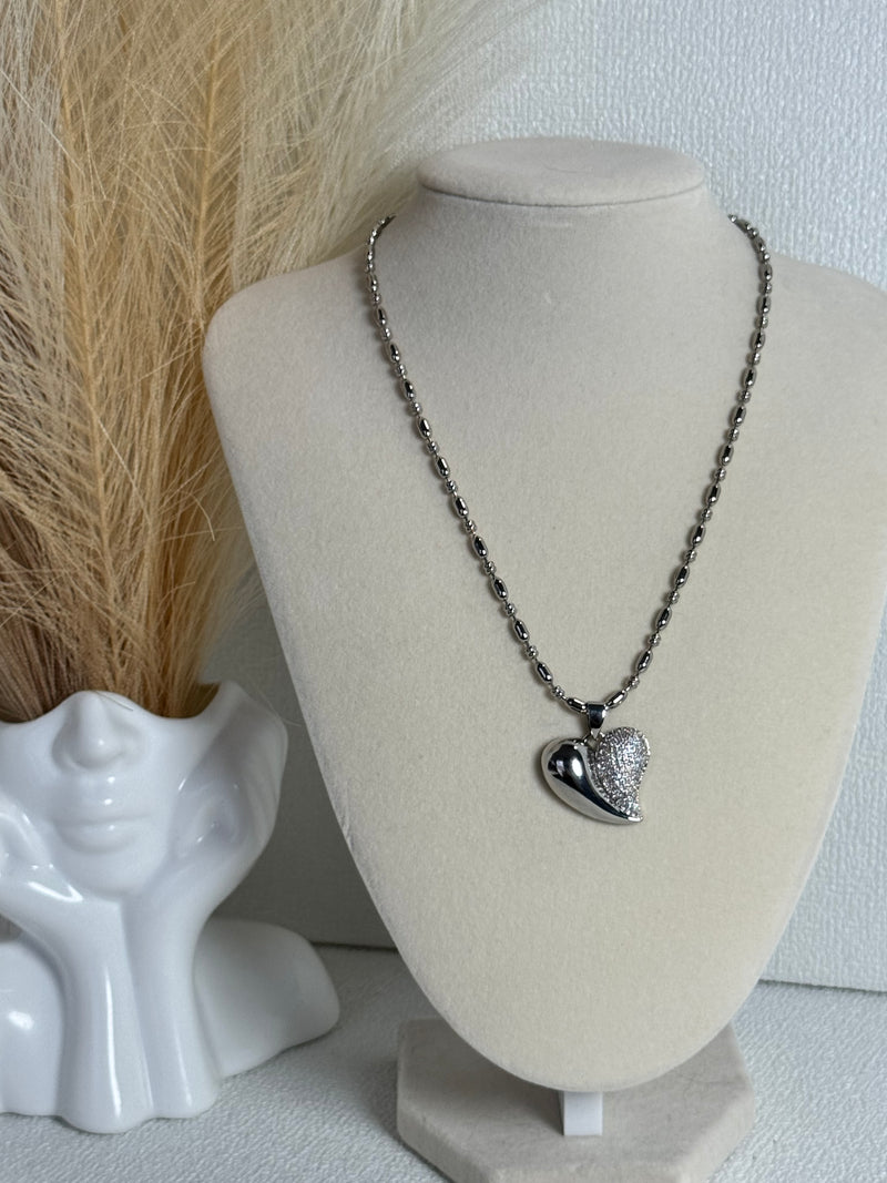 Silver-tone 18K gold plated heart pendant necklace with half pavé cubic zirconia design and textured oval bead chain