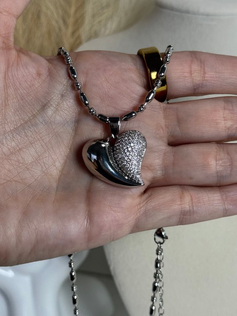 Silver-tone 18K gold plated heart pendant necklace with half pavé cubic zirconia design and textured oval bead chain