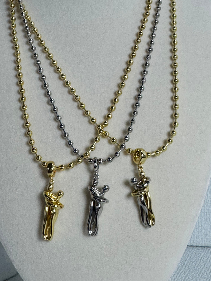 18K gold plated 3mm beaded necklace with hugging couple motion pendant in gold, silver-tone and two-tone