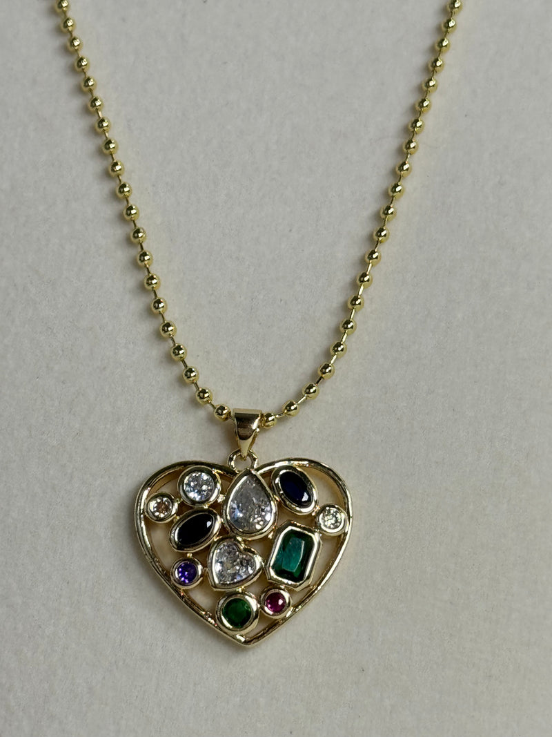 18K gold plated multicolor stone heart pendant necklace with colorful green blue purple pink and clear stones on a 2mm beaded chain