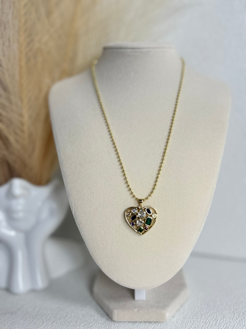 18K gold plated multicolor stone heart pendant necklace with colorful green blue purple pink and clear stones on a 2mm beaded chain
