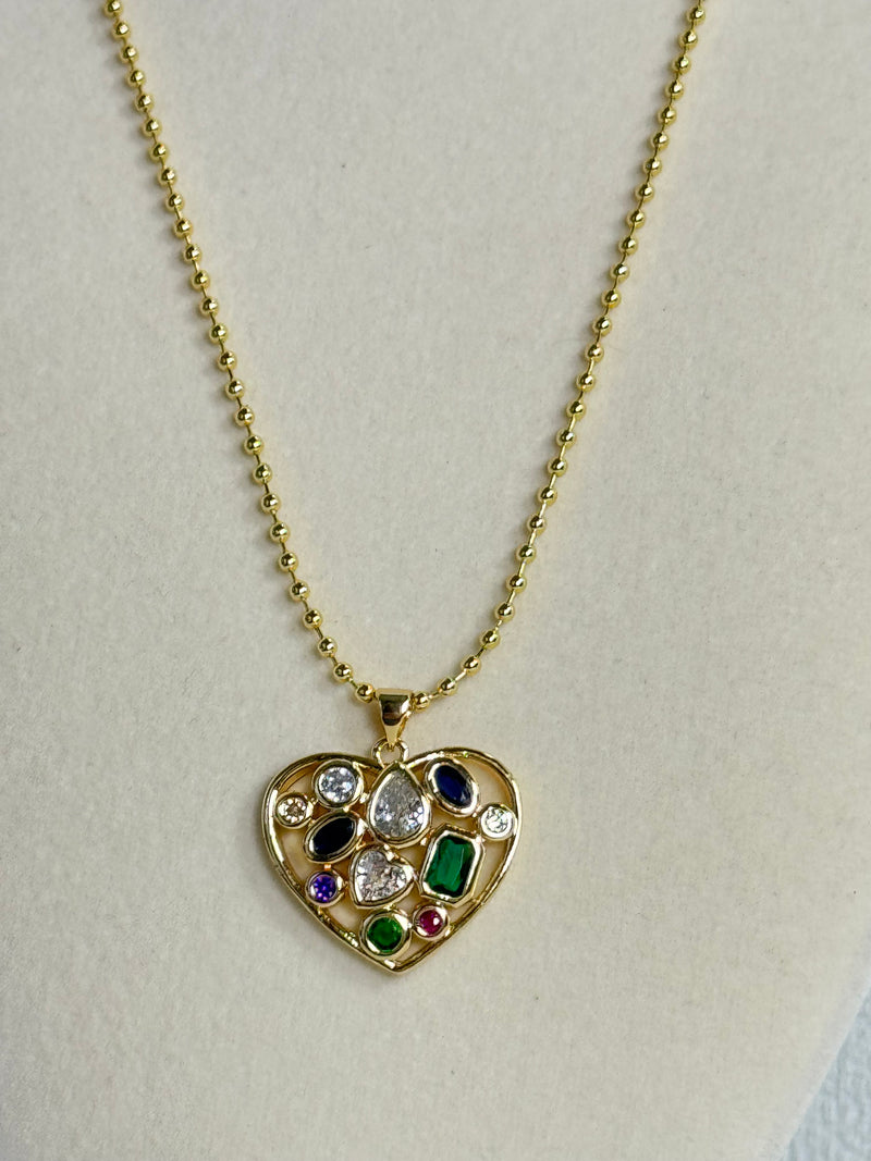 18K gold plated multicolor stone heart pendant necklace with colorful green blue purple pink and clear stones on a 2mm beaded chain