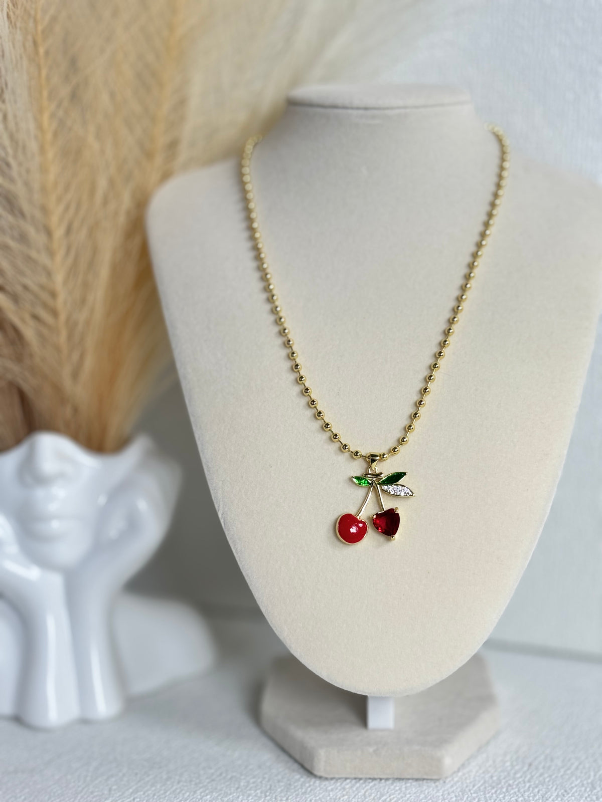 18K gold plated red cherry pendant necklace with green leaf accents and 3mm beaded chain