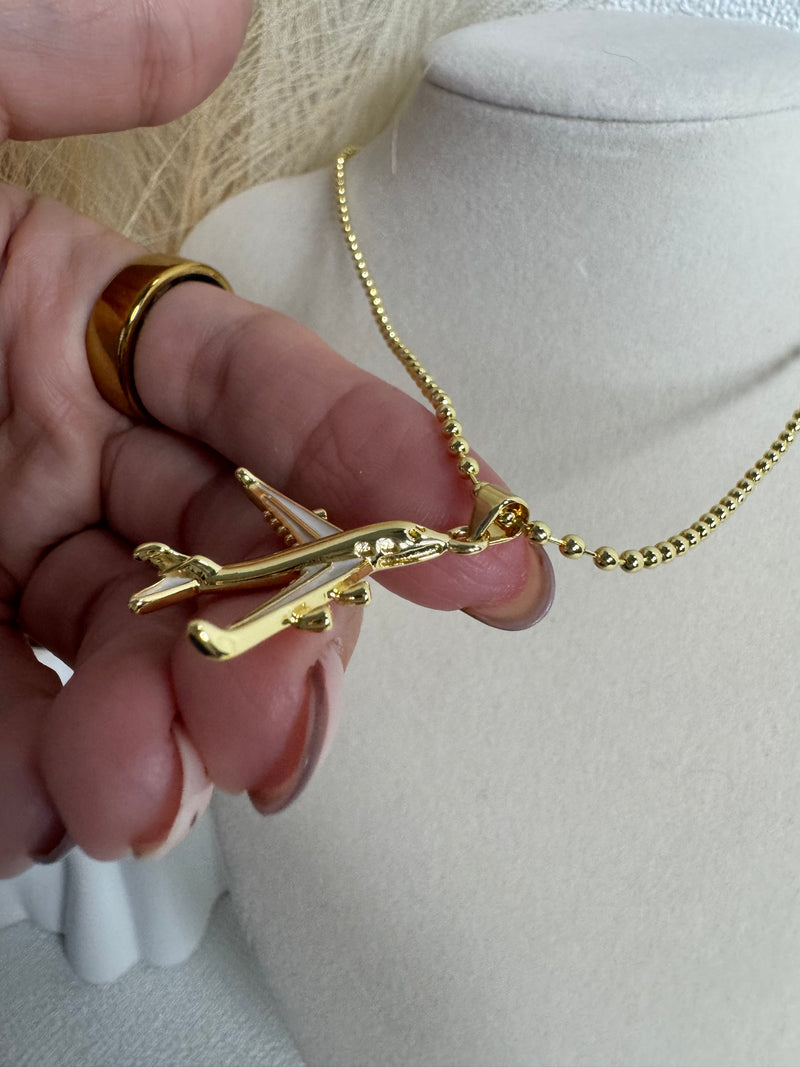 18K gold plated airplane pendant necklace with detailed wing accents and 2mm beaded chain
