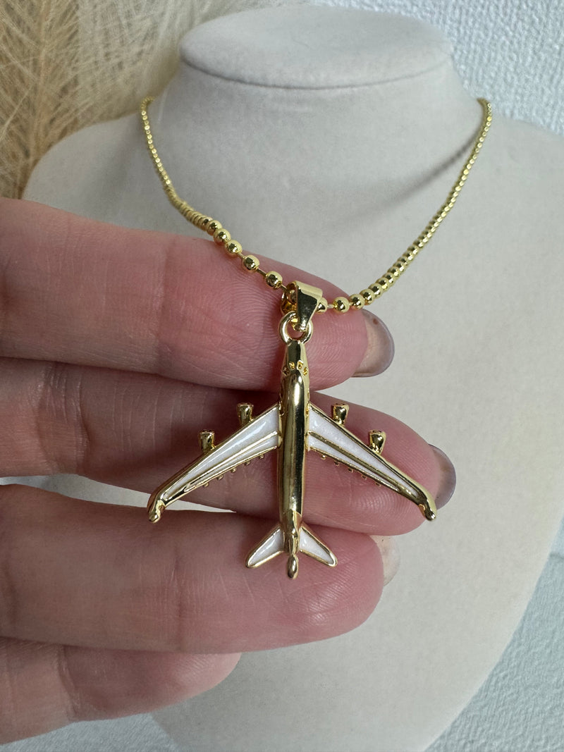 18K gold plated airplane pendant necklace with detailed wing accents and 2mm beaded chain