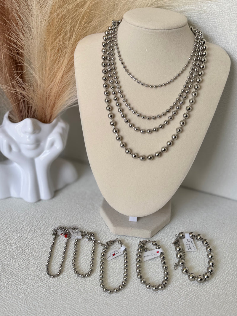 Silver-tone beaded necklaces in 3mm 4mm 5mm and 6mm with matching beaded bracelets available in 3mm 4mm 5mm 6mm and 8mm