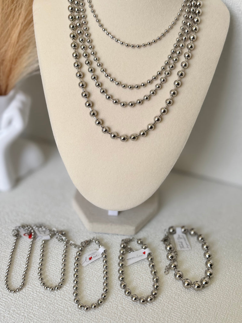 Silver-tone beaded necklaces in 3mm 4mm 5mm and 6mm with matching beaded bracelets available in 3mm 4mm 5mm 6mm and 8mm