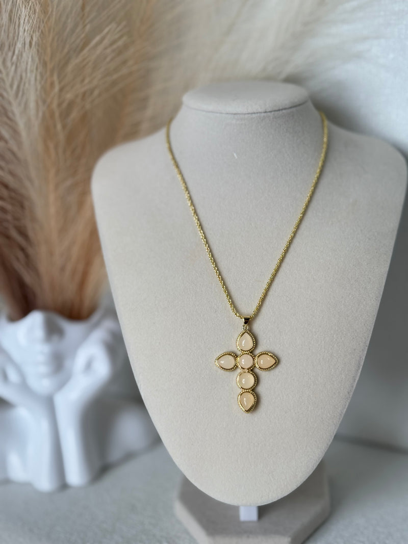 18K gold plated adjustable rope chain necklace with cream-tone cross pendant