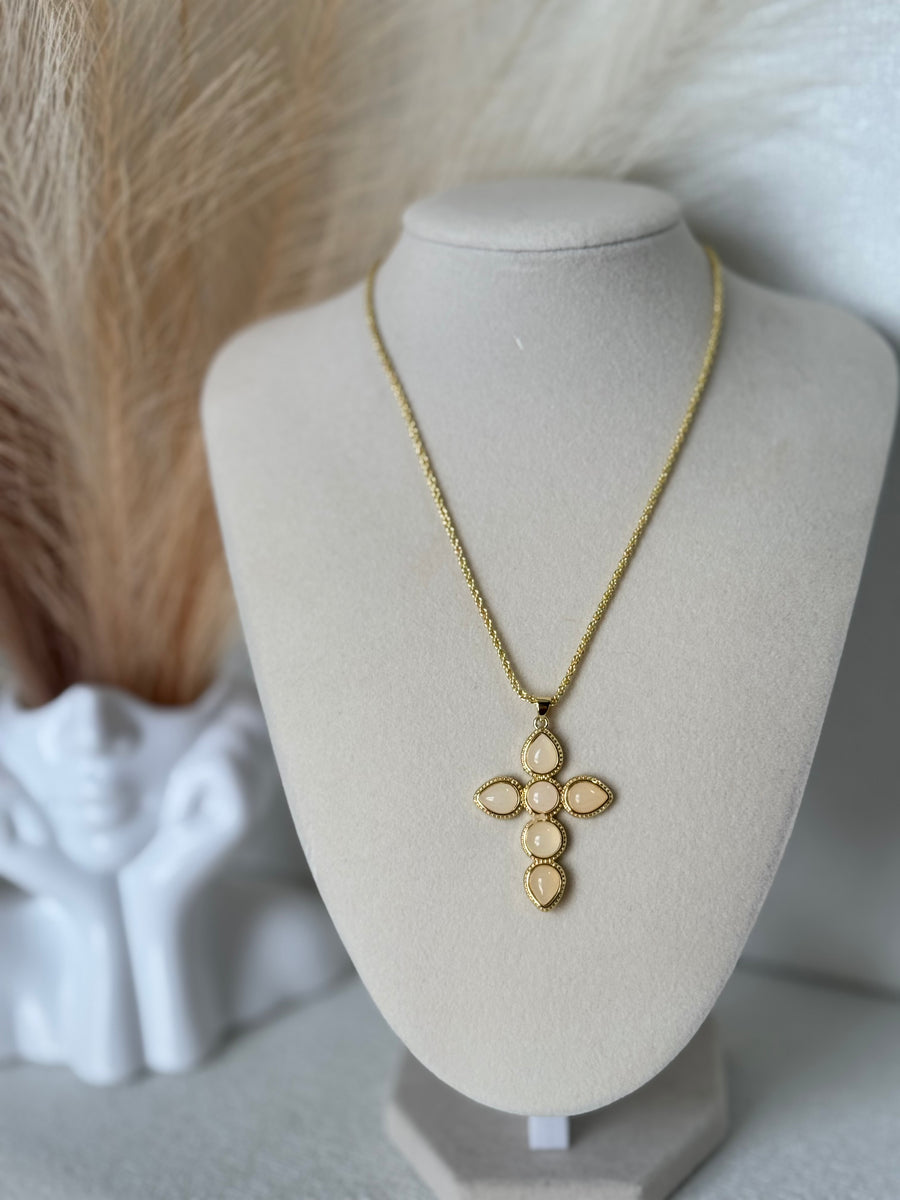 18K gold plated adjustable rope chain necklace with cream-tone cross pendant