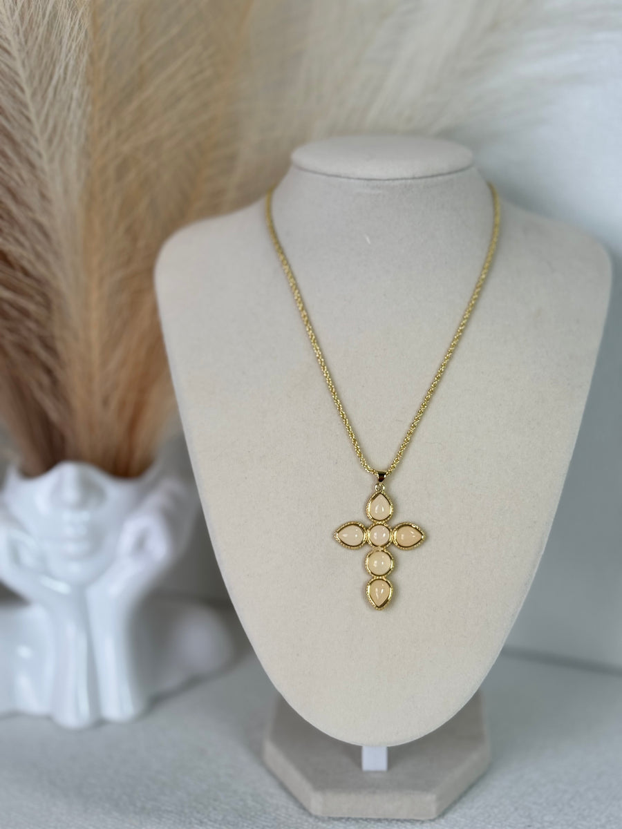 18K gold plated adjustable rope chain necklace with cream-tone cross pendant