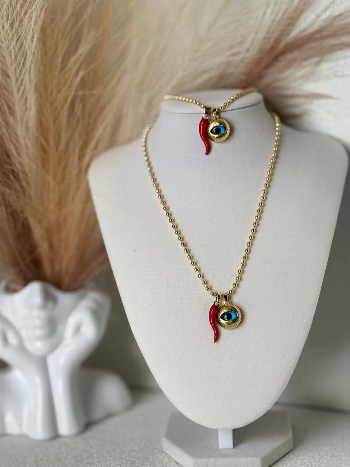 18K gold plated evil eye and red cornicello horn matching necklace and bracelet set with 3mm beads