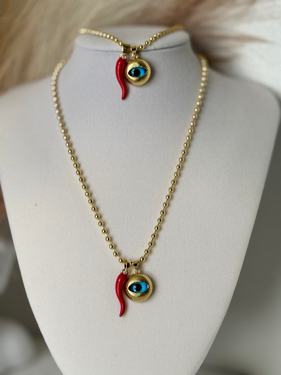 18K gold plated evil eye and red cornicello horn matching necklace and bracelet set with 3mm beads