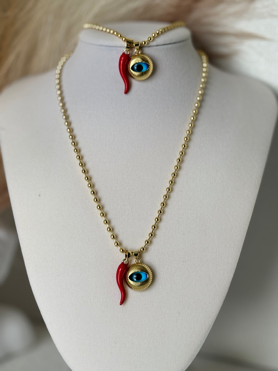 18K gold plated evil eye and red cornicello horn matching necklace and bracelet set with 3mm beads