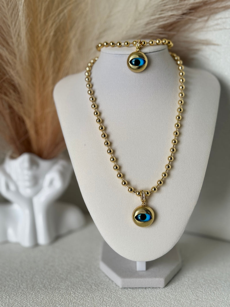 18K gold plated evil eye matching necklace and bracelet set with 6mm gold beads and 22mm blue eye charms