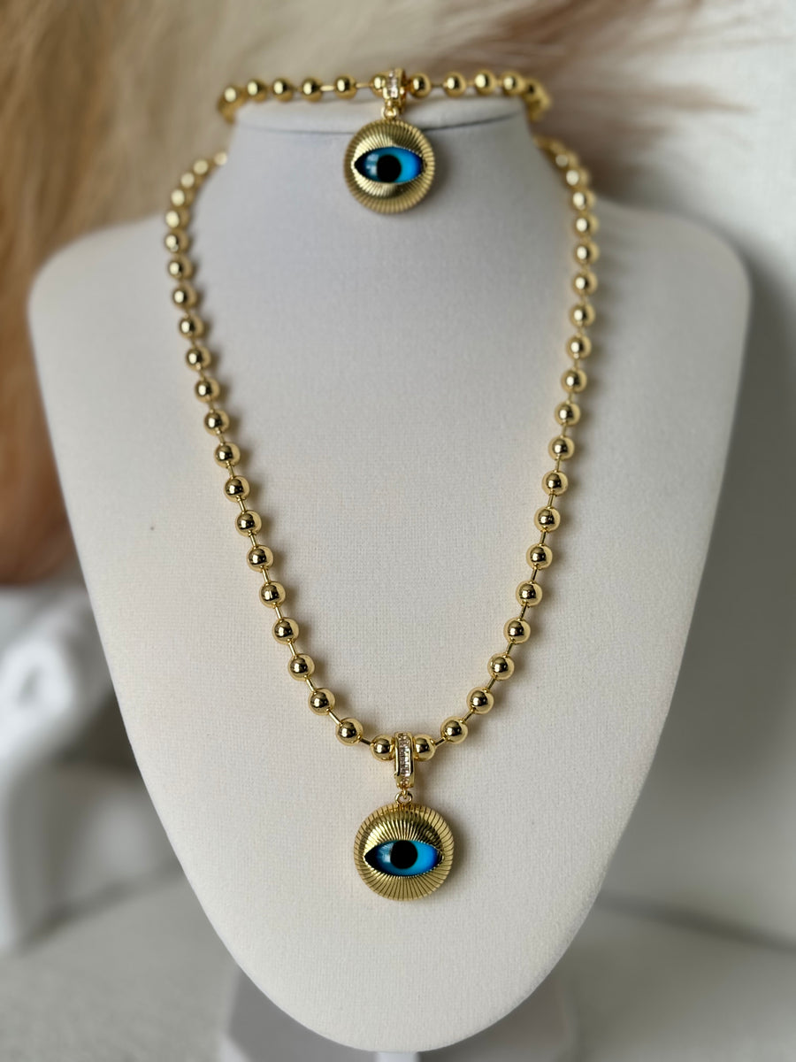 18K gold plated evil eye matching necklace and bracelet set with 6mm gold beads and 22mm blue eye charms