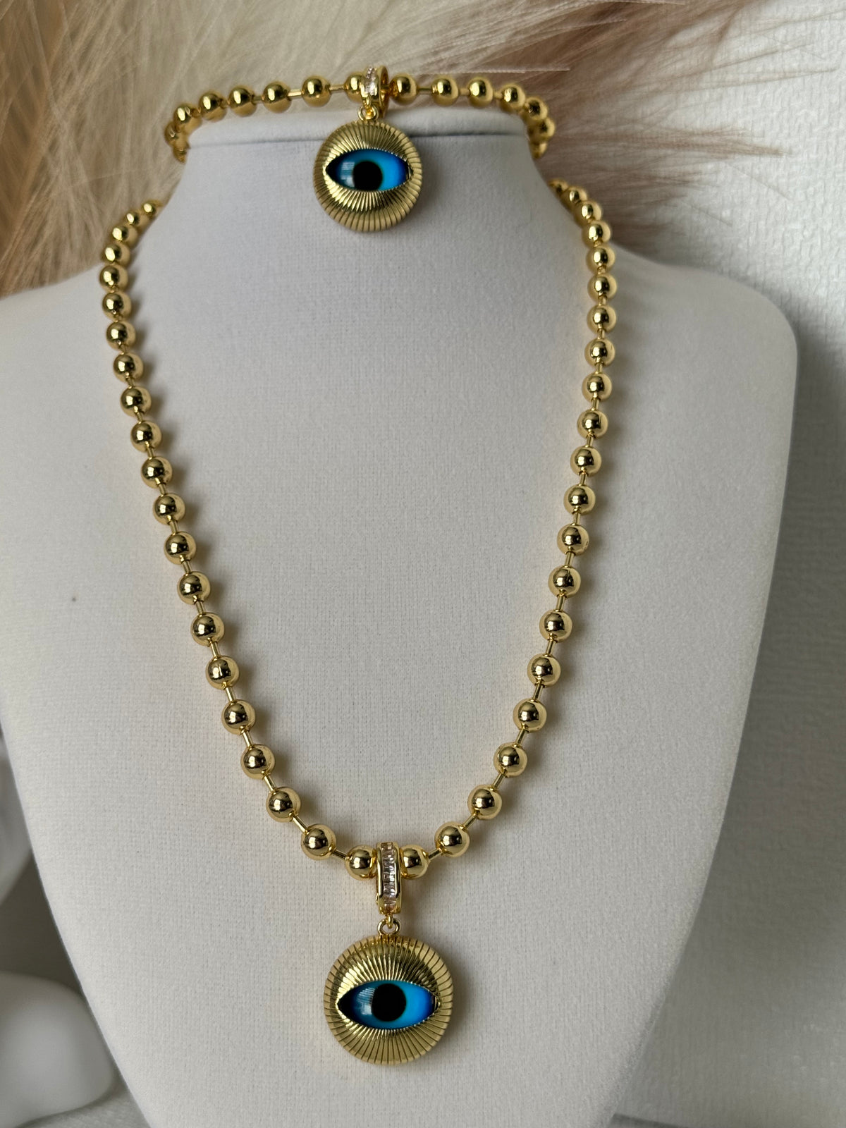 18K gold plated evil eye matching necklace and bracelet set with 6mm gold beads and 22mm blue eye charms