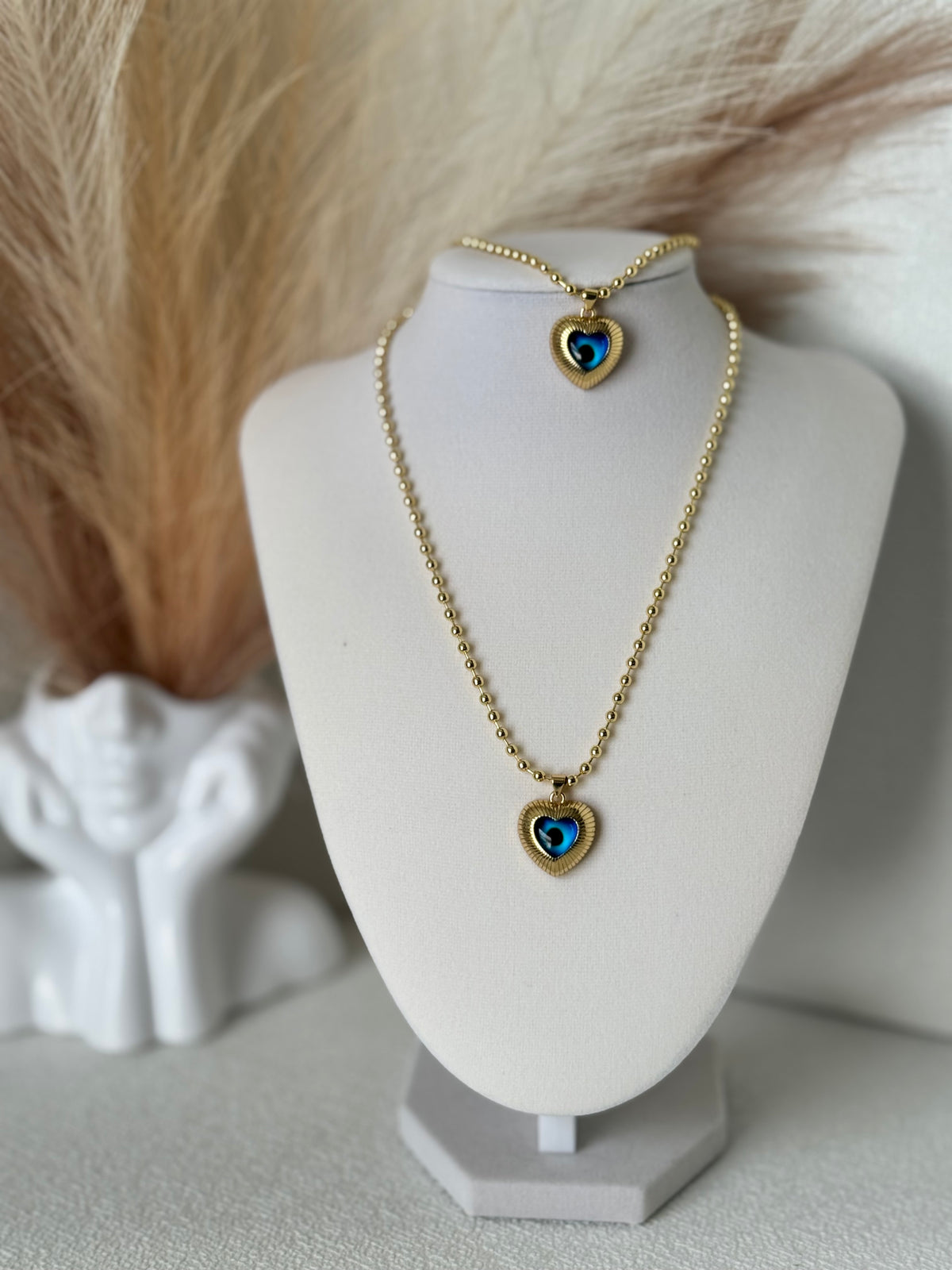 18K gold plated heart evil eye necklace and bracelet set with 3mm gold beads and 20mm blue heart charms