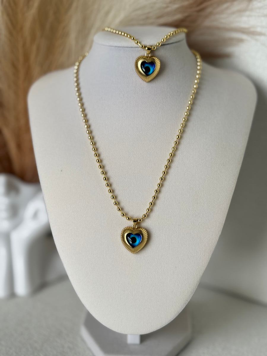 18K gold plated heart evil eye necklace and bracelet set with 3mm gold beads and 20mm blue heart charms