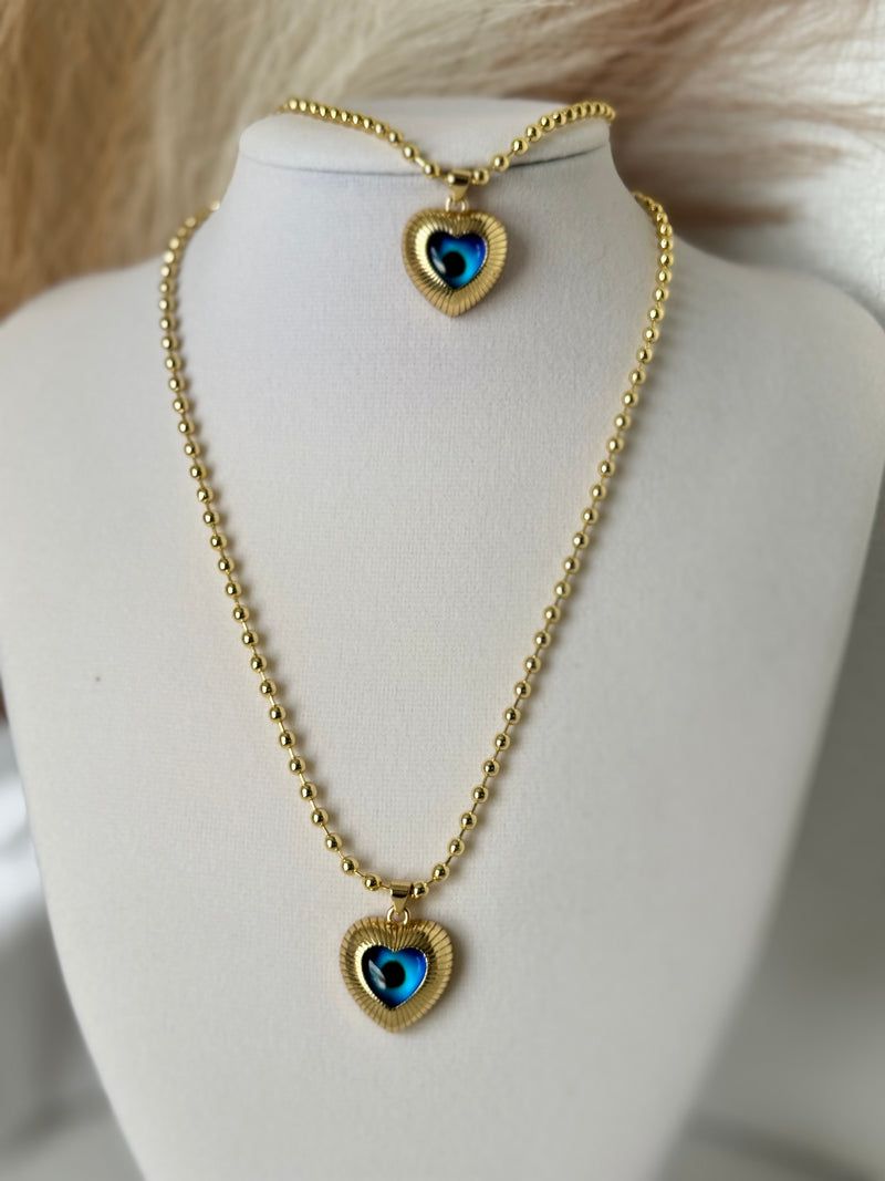 18K gold plated heart evil eye necklace and bracelet set with 3mm gold beads and 20mm blue heart charms