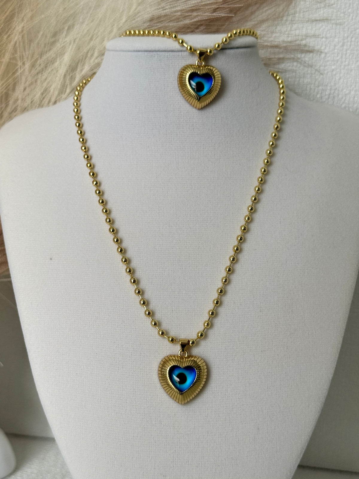 18K gold plated heart evil eye necklace and bracelet set with 3mm gold beads and 20mm blue heart charms