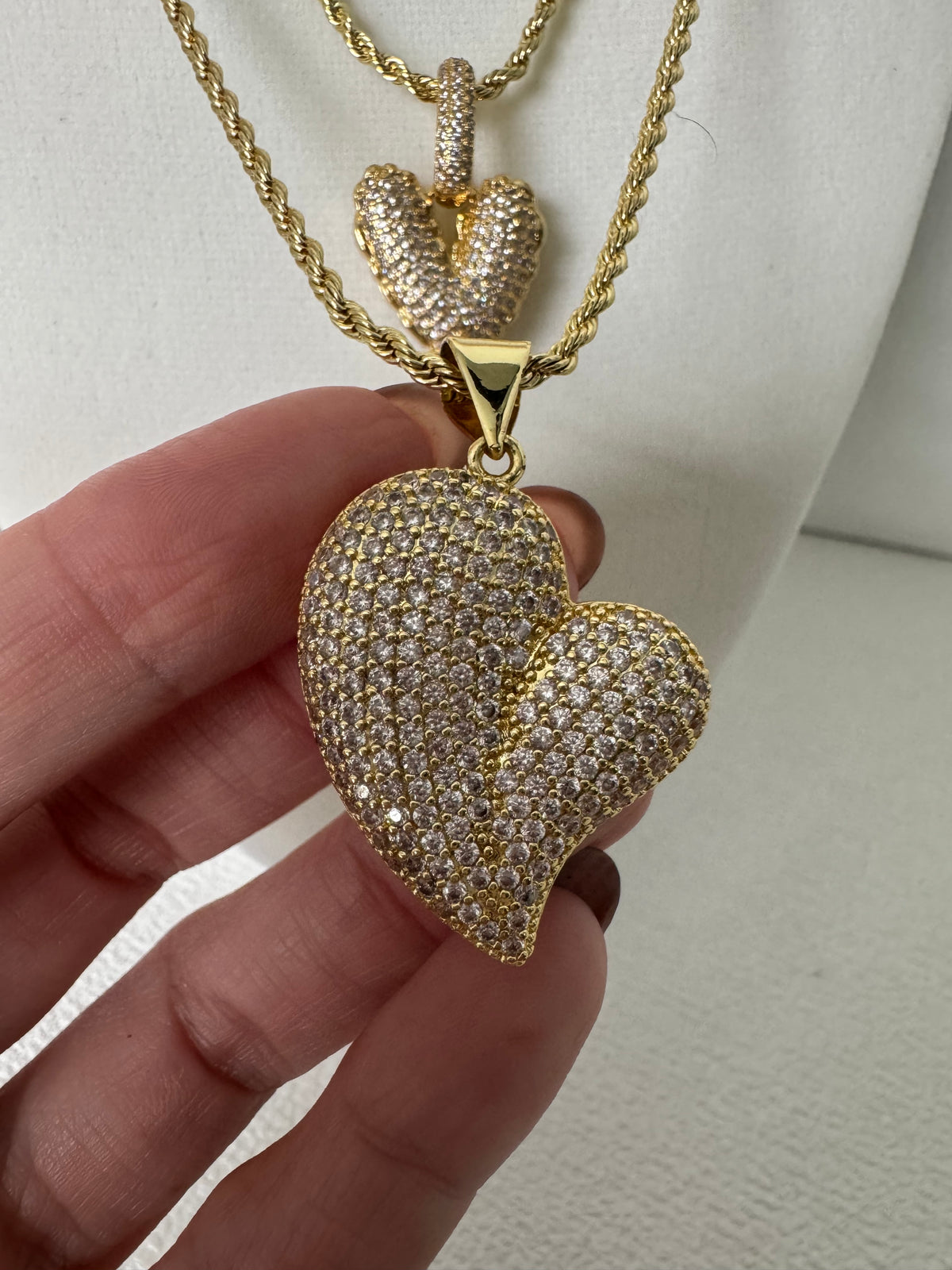 Pavé Zirconia Heart Pendant Necklace – 18K Gold Plated Rope Chain | 3 Styles