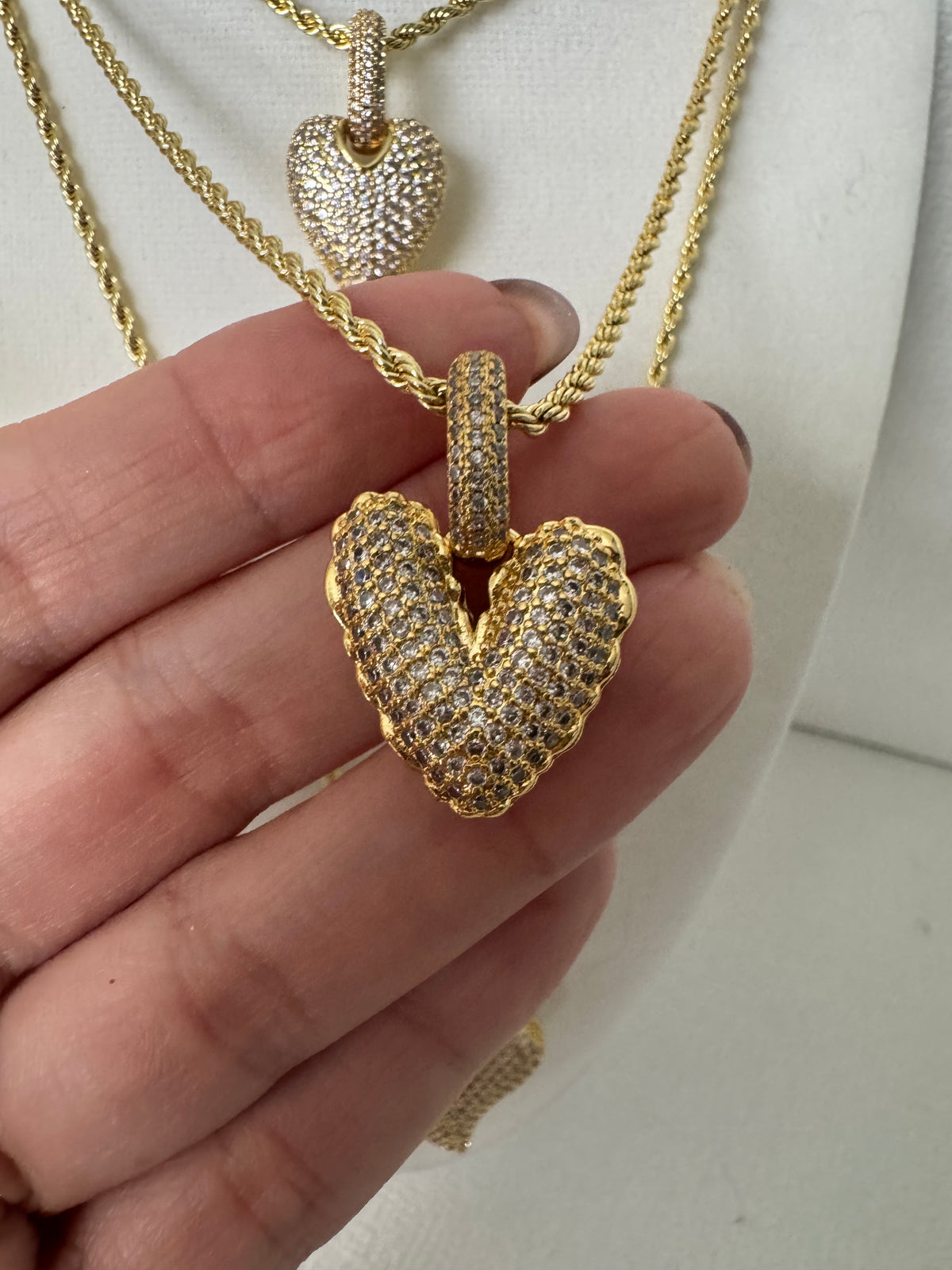 Pavé Zirconia Heart Pendant Necklace – 18K Gold Plated Rope Chain | 3 Styles