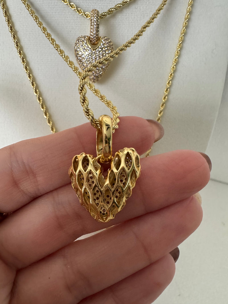 Pavé Zirconia Heart Pendant Necklace – 18K Gold Plated Rope Chain | 3 Styles