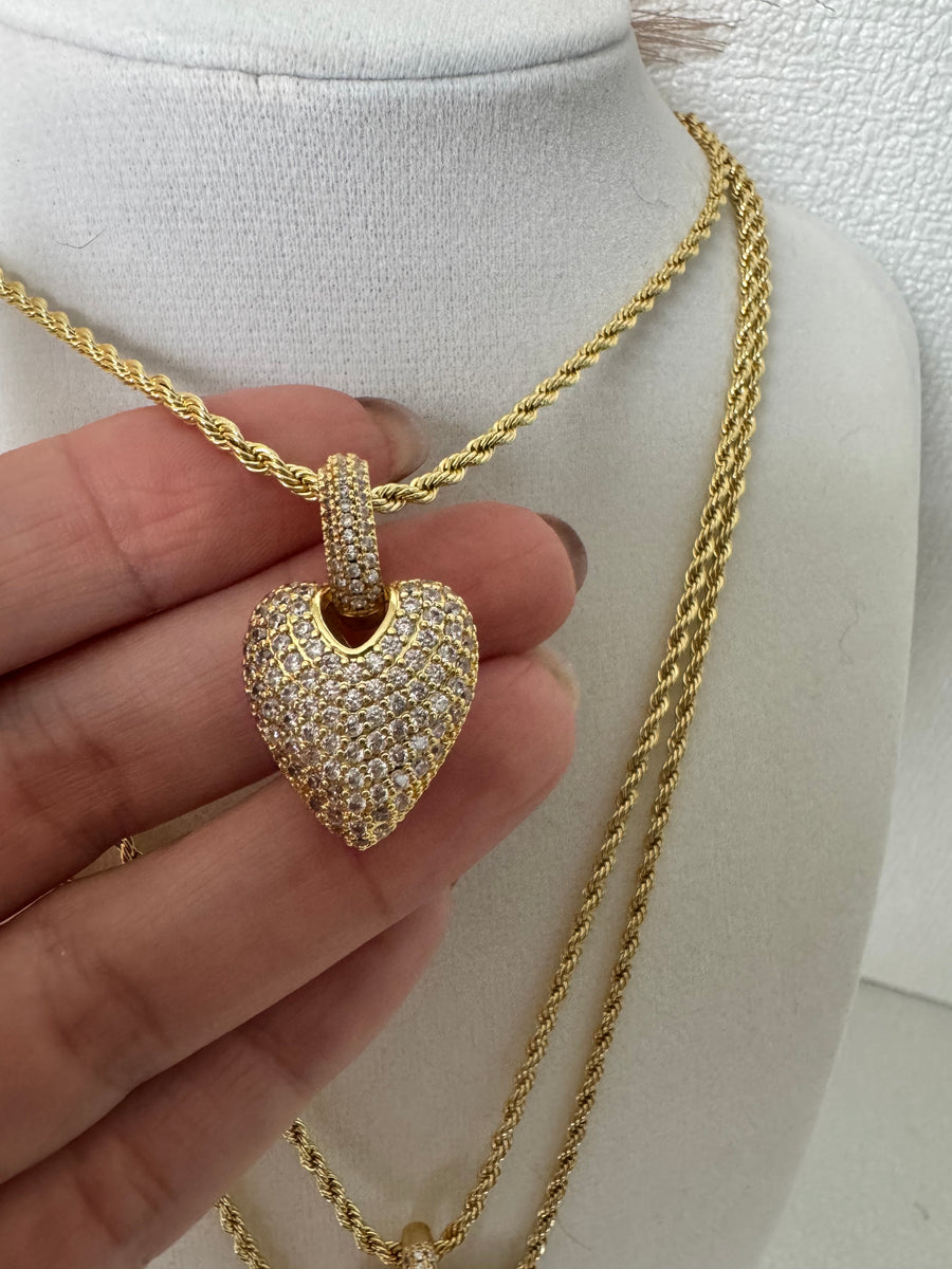 Pavé Zirconia Heart Pendant Necklace – 18K Gold Plated Rope Chain | 3 Styles
