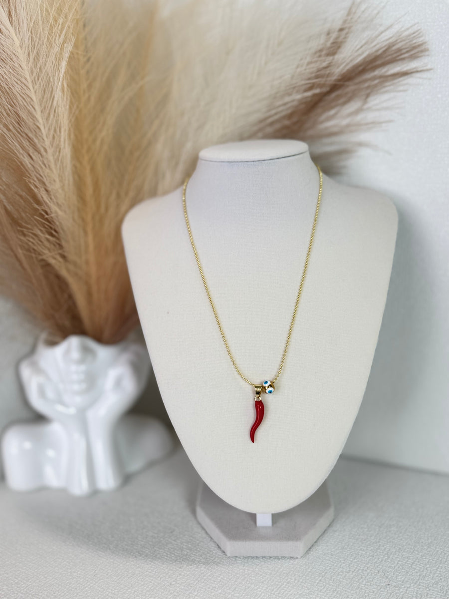 Red and gold cornicello horn necklaces with eye-detail beads on 18K gold plated 1.5mm chains