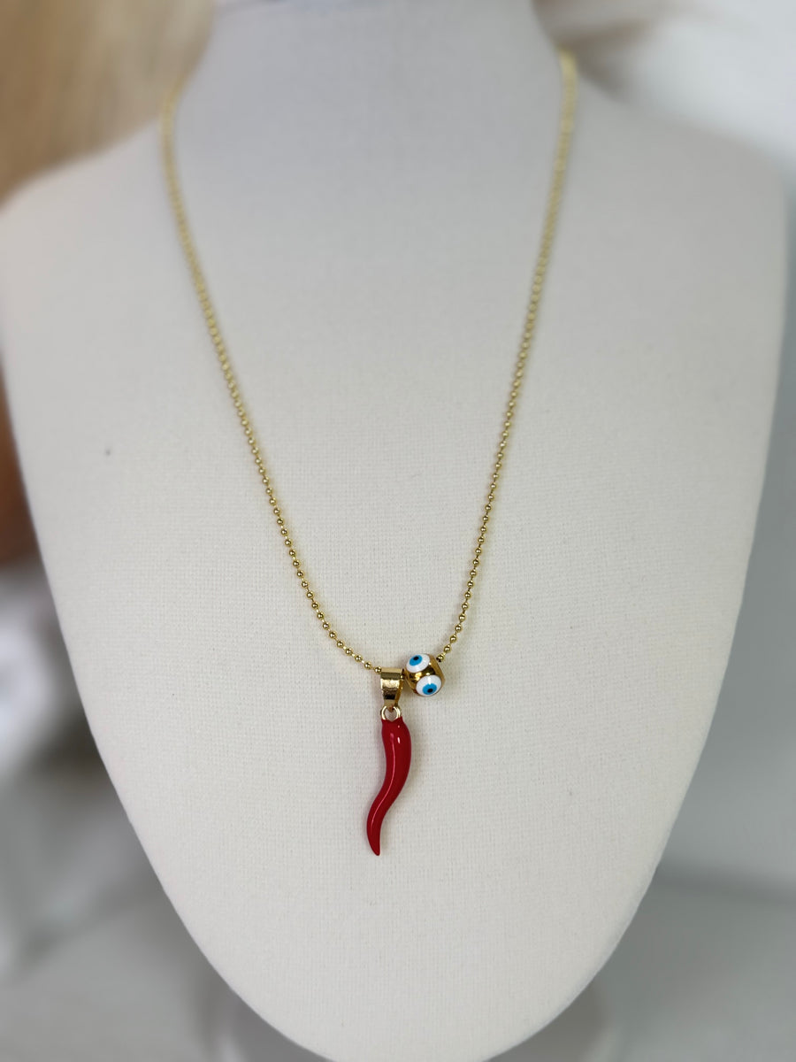 Red and gold cornicello horn necklaces with eye-detail beads on 18K gold plated 1.5mm chains