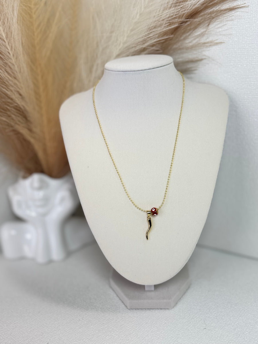 Red and gold cornicello horn necklaces with eye-detail beads on 18K gold plated 1.5mm chains