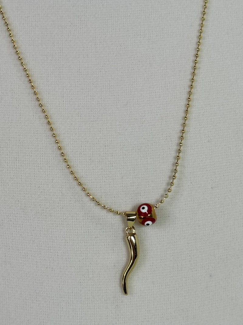 Red and gold cornicello horn necklaces with eye-detail beads on 18K gold plated 1.5mm chains