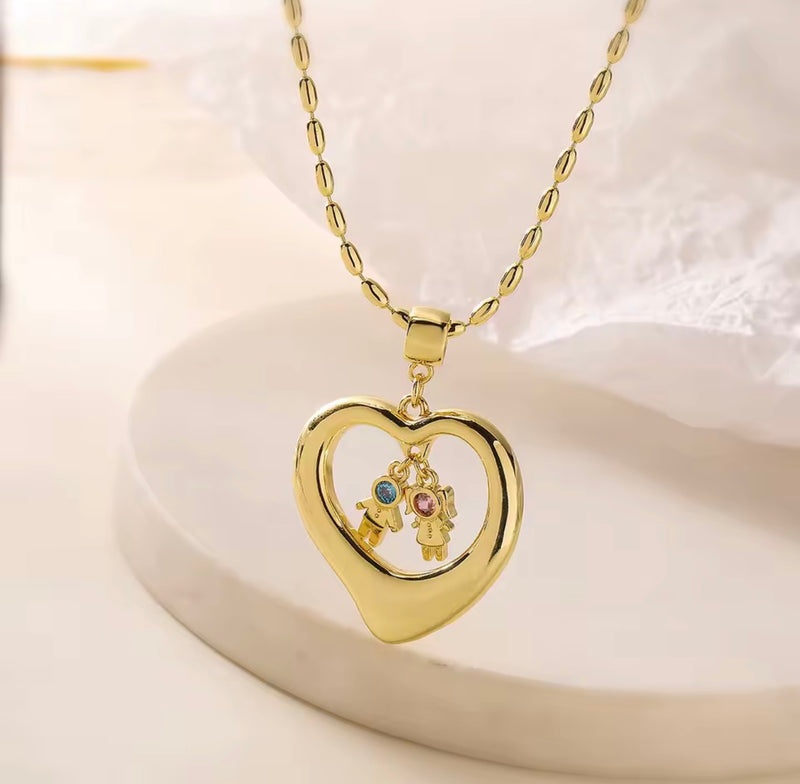 Personalized Heart Necklace with Kids Charms – Adjustable Stainless Steel