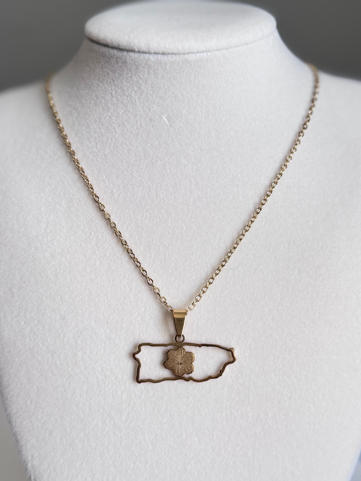 Puerto Rico Outline Necklace with Flor de Maga - Stainless Steel