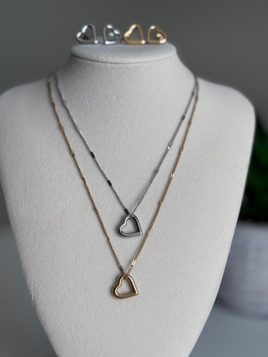 Open Heart Necklace and Stud Earrings Set - Stainless Steel - Gold or Silver