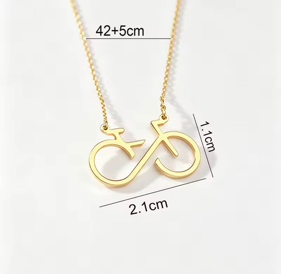 Infinity bicycle pendant necklace in stainless steel available in gold and silver