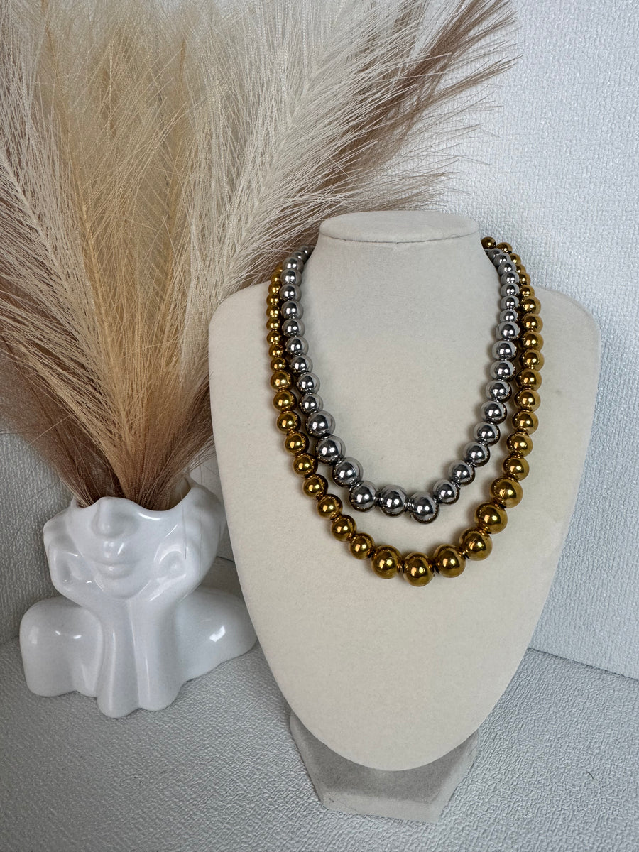 Stainless Steel Beaded Necklace – Gold & Silver | Adjustable 16.5–18.5"