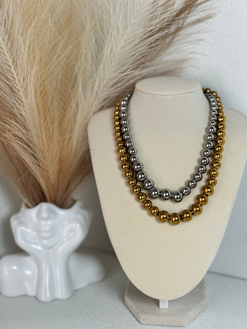 Gold and silver stainless steel beaded necklaces with polished round beads