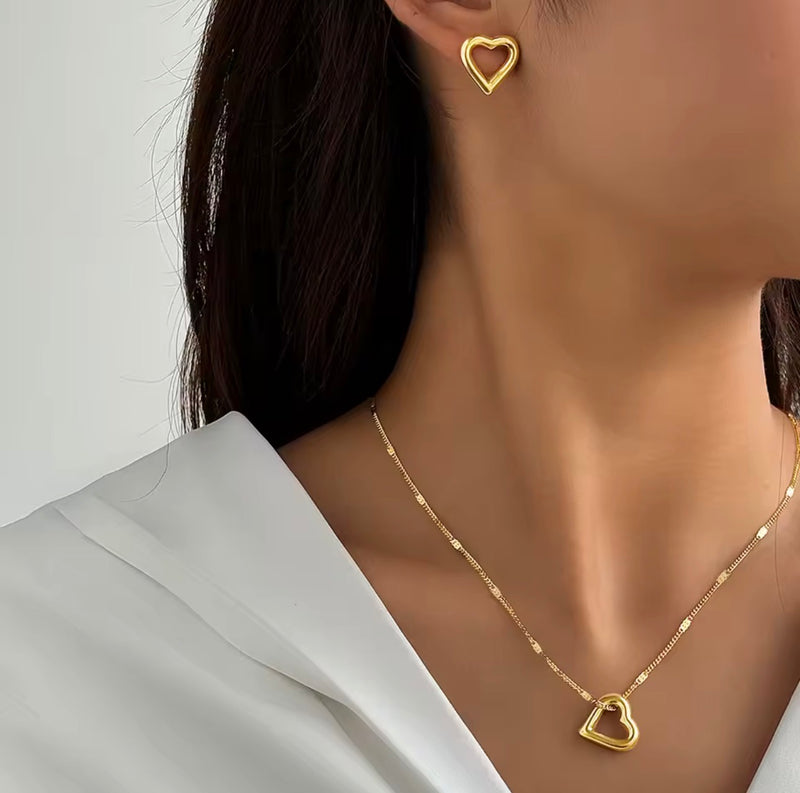 Open Heart Necklace and Stud Earrings Set - Stainless Steel - Gold or Silver