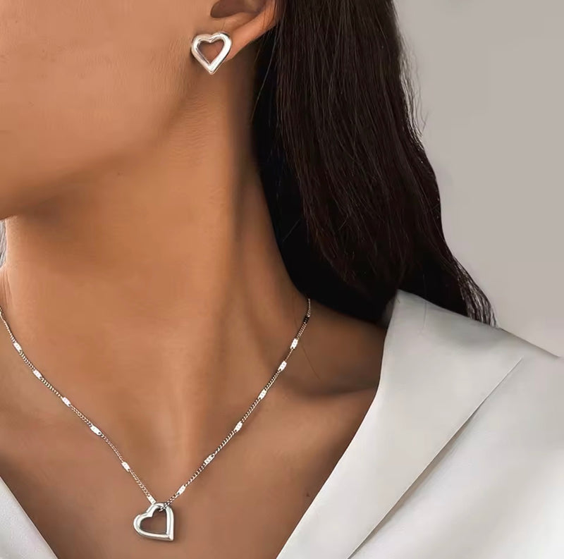 Open Heart Necklace and Stud Earrings Set - Stainless Steel - Gold or Silver