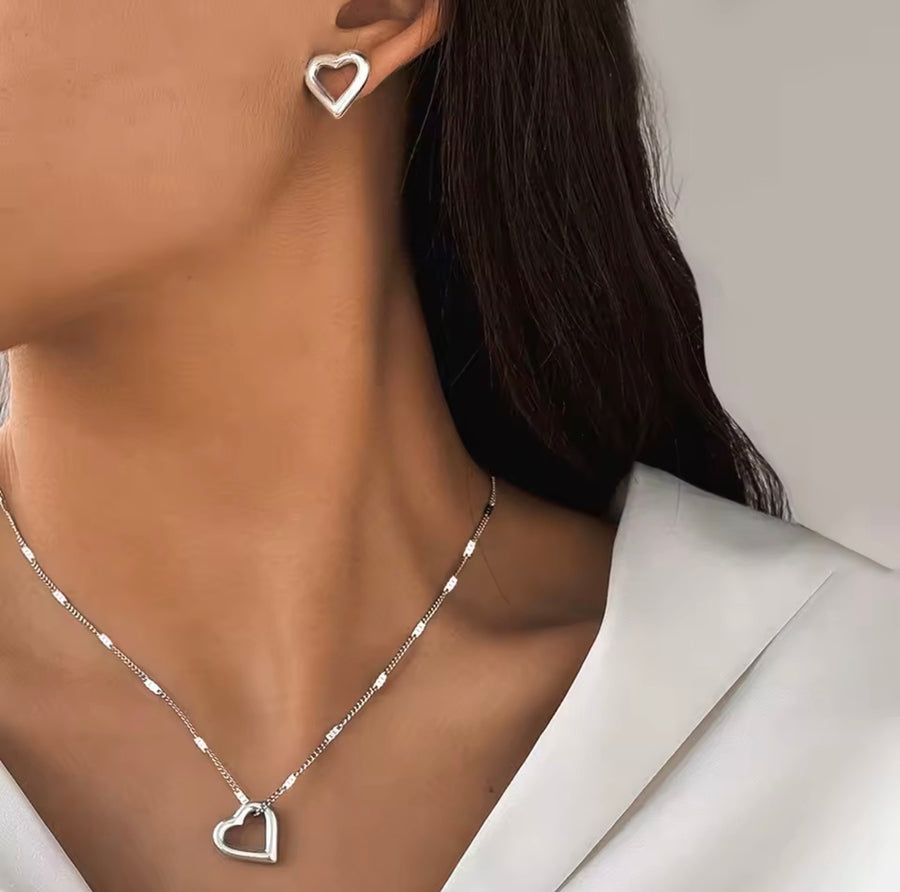 Open Heart Necklace and Stud Earrings Set - Stainless Steel - Gold or Silver